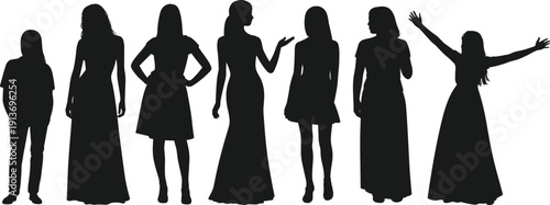 Female Age Progression from Child to Mature Woman Silhouettes, Stages of Growth and Womanhood Concept, Isolated on White Background, flat vector illustration