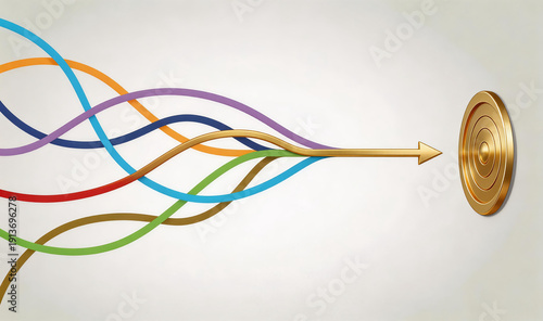 Abstract illustration of colorful, winding wires converging to a golden target with an arrow, symbolizing direction, goals, and convergence in business, technology, or strategy.