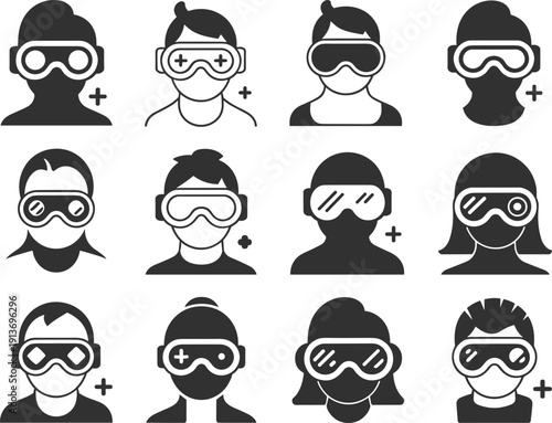 Virtual Reality Icon Set Featuring Human Avatars Wearing Smart Glasses and VR Headsets for Gaming Augmented Reality Digital Entertainment Metaverse Innovation and Technology Design Concepts