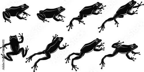 Black Tree Frog Silhouette Collection, Jumping and Sitting Amphibian Vector Icons, Tropical Rainforest Animal Graphic Elements Set, Isolated Nature Outlines,