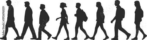 People walking silhouettes collection, diverse men and women with backpacks walking profiles, urban lifestyle movement concept, isolated black figures illustration design set