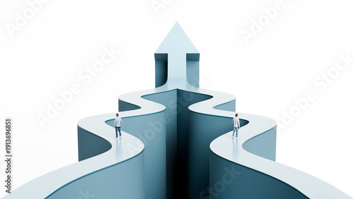 Quadro su tela Two men walking on separate paths merging into one with an upward arrow represen