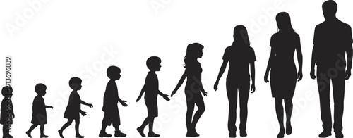 Human Growth Stages Silhouettes from Toddler to Adult Couple Walking Isolated on White Background Flat Vector Illustration
