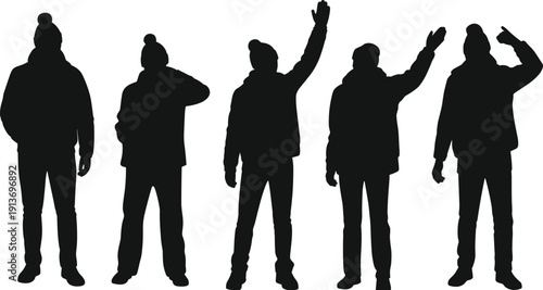 Male Figure Silhouettes in Winter Clothing Waving and Gesturing Isolated on White Background Flat Vector Illustration