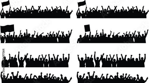 Set of cheering crowd silhouettes with raised hands and flags isolated on white background, black shadow audience collection
