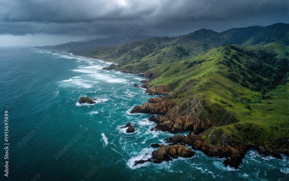 Fototapeta premium Dramatic Aerial View of a Rugged Green Coastline Meeting the Turquoise Ocean Under a Stormy Sky waves