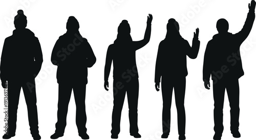 Standing People Silhouettes with Raised Hands, Casual Men and Women Waving, Black Vector Illustration Set