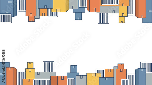 Stacked Colored Boxes with Barcodes, Shipping, Delivery, Consumer Right, E-commerce, Logistics, Flat Vector Design, Outline Style, Minimal Colors, Digital Illustration, Copy Space, Horizontal Banner