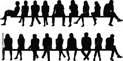 People sitting on bench silhouette collection, men and women side view seated figures set, isolated black shapes, flat vector illustration