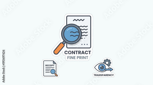 Consumer Rights Icons Examining Contract Fine Print, Receipt, Transparency - Legal Business Compliance - Modern Flat Line Art Sticker - Vector Illustration Isolated