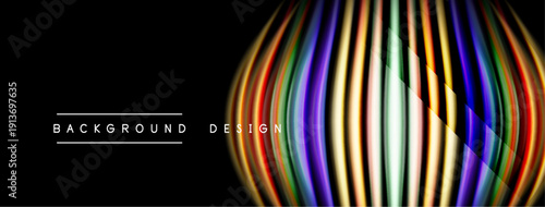 Abstract vibrant lines form curved shape. Dark background emphasizes colorful design elements. Modern visual presentation.