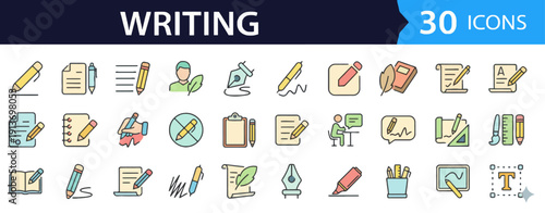 Collection of writing-themed icons displayed on a clean white background from a straightforward viewpoint
