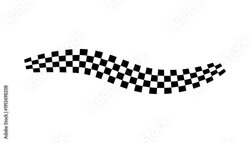 Race flag line. Black and white checker finish ribbon. Car race grid pattern. Rally border texture. Wavy checker lines. Chess graphic design element. Vector illustration isolated on white background.
