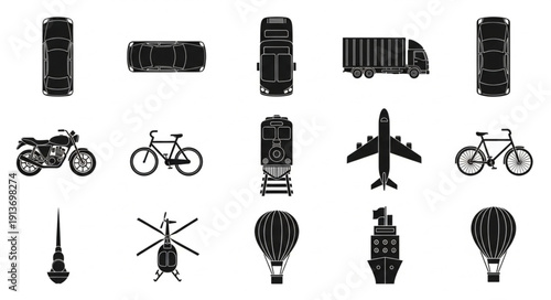 Collection of various transportation vehicles and modes of transport.