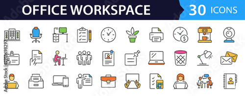 Collection of office workspace icons representing various elements of a professional work environment viewed from a straightforward perspective