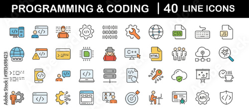 Collection of 40 line icons representing programming and coding concepts displayed on a clean white background