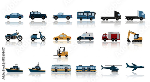Collection of various transportation vehicles and modes of transport.