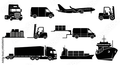 Collection of various transportation and logistics vehicle silhouettes.