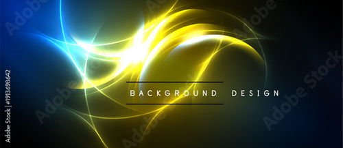 Abstract energy flow. Bright yellow, blue light curves against dark backdrop. Modern design element, dynamic visual impact.