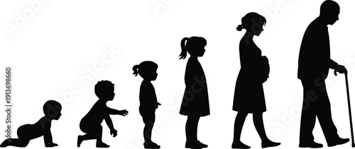 Human life cycle silhouette, baby crawling to elderly man with cane progression stages flat vector illustration isolated