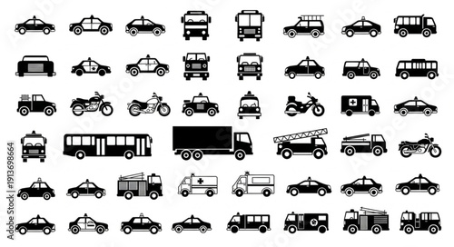 Collection of Various Transportation Vehicle Icons.