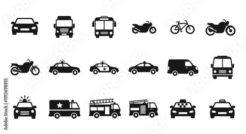 Collection of various transportation vehicle icons in black silhouette.