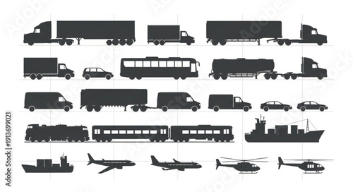 Collection of various transportation vehicle silhouettes.