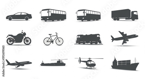 Collection of various transportation vehicle silhouettes and icons.