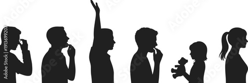 People Silhouettes Showing Different Human Actions and Daily Life Gestures Isolated on White Background Flat Vector Illustration