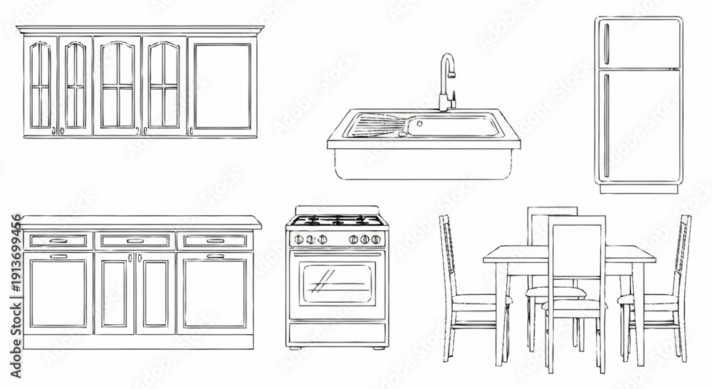 Fototapeta premium Kitchen furniture and appliances illustrated in a simple line drawing style from a straightforward viewpoint
