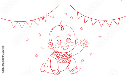 A cheerful animated character, possibly a baby, wearing a green outfit with intricate patterns.