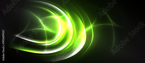 Abstract luminous curves, vibrant green hues, dark background. Dynamic flow, elegant design, modern aesthetic. Smooth gradients create visual interest.