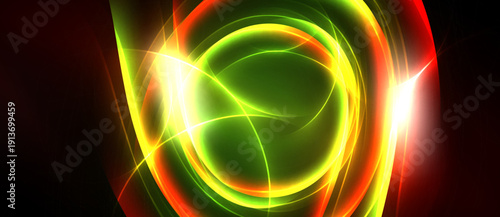 Abstract vibrant energy flows. Circular shapes dominate, blending green, yellow, red hues. Brightness creates dynamic visual impact.