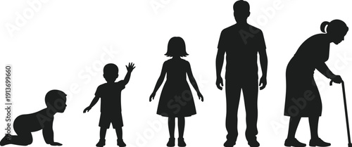 Human Life Cycle Silhouettes from Baby to Elderly Person with Cane, Aging and Growth Concept Vector Illustration