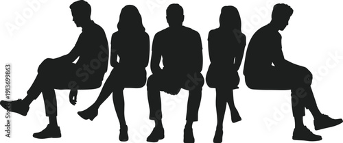 Group of people sitting silhouette, men and women seated on bench in different poses flat vector illustration isolated on white