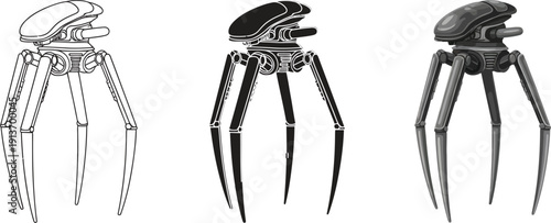 Collection of three tripod robot illustrations a sketch a silhouette and a shaded version representing futuristic technology and sci-fi concepts