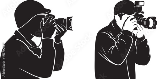 Photographer in action taking professional photos with camera. Silhouette of a photographer holding a camera and taking a picture.