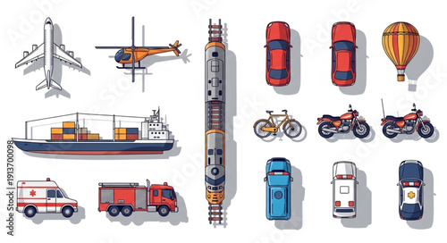 Collection of various transportation vehicles and modes of travel.