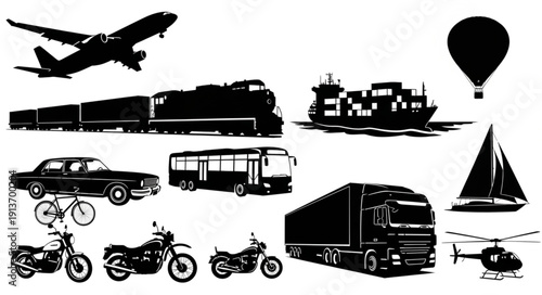 Collection of various transportation vehicles and modes of travel.