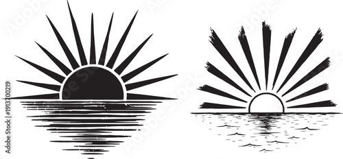 Sunrise Over Sea Black and White Vector Illustration Set. Stylized black and white vector illustration of a sun rising or setting over water with abstract linear reflections,