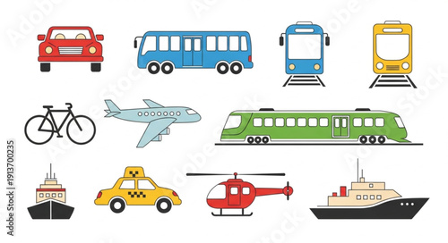 Collection of various transportation vehicles and modes of travel.