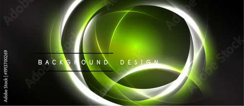 Bright neon circles overlap dark backdrop. Green, white hues create dynamic visual effect. Modern design element for digital projects.
