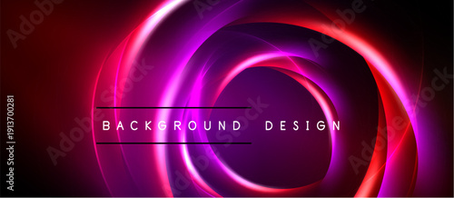 Abstract swirling neon lights create vibrant circular patterns. Dark background emphasizes glowing magenta, purple, red hues. Modern design element.