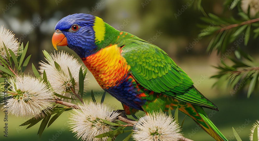 Fototapeta premium Vibrant Rainbow Lorikeet Parrot Perched on Flowering Branch in Soft Bokeh Natural Sunlight