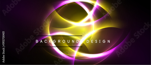 Abstract design features vibrant yellow, purple glows. Dark background enhances luminous curves, creating dynamic visual impact.