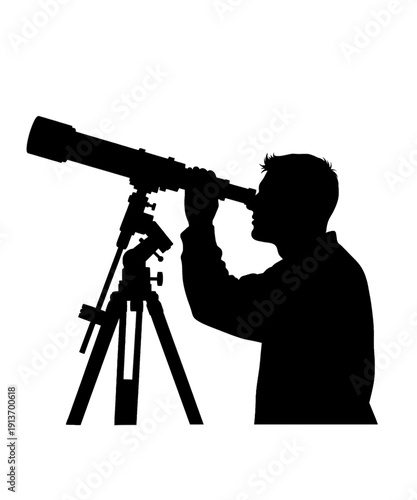 Silhouette astronomer observing stars through powerful telescope at night sky