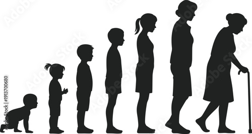 Human life cycle stages from baby crawling to elderly woman with cane silhouette flat vector illustration
