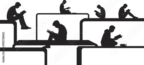 People reading books on abstract shelves silhouette composition, education and knowledge concept scene, flat vector illustration