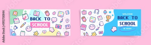 Pixel art back to school banner banner mockup set on pastel cute backgrounds, retro 8 bit stationery icons collage, kawaii education web headers and covers, digital illustration
