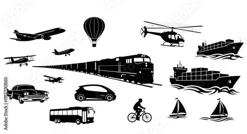Collection of various transportation vehicles and modes of travel.